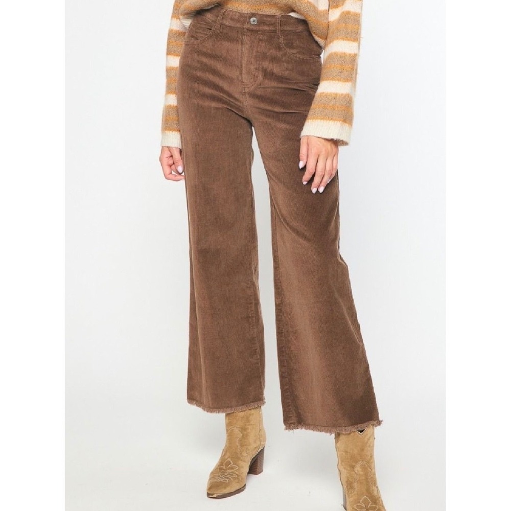 Entro Corduroy Wide Leg Pants Brown Raw Hem High Rise Size M